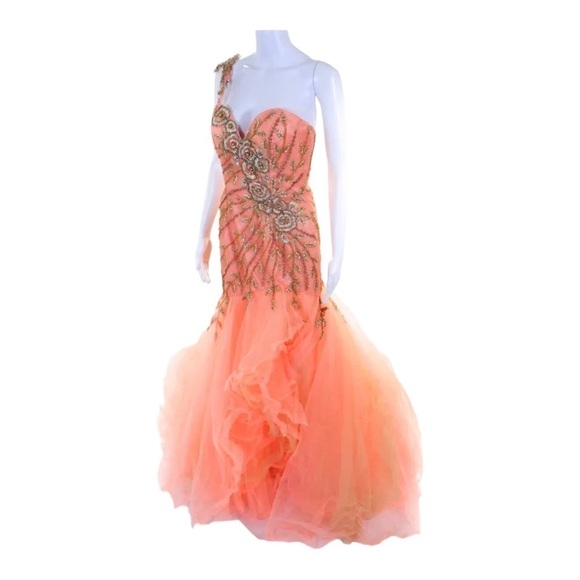 NWT SHERRI HILL One Shoulder Embellished Mermaid Tulle Gown Pastel Orange Size 6 - Picture 7 of 12